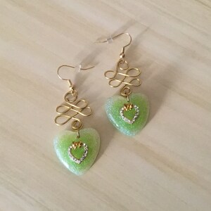 Wire Wrap Earring, Green Resin Earrings, Earrings, Green Earrings,Heart Resin Earrings