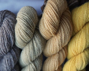 Botanically Dyed Wool Yarn Pack "Linden Blossom" in Yellow, Green, Peach, and Brown Shades. 250 g