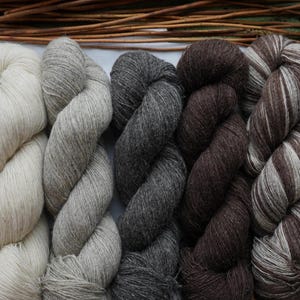 Puede incluir: Cuatro ovillos de hilo en diferentes colores y texturas. Los ovillos están dispuestos en una fila, con el ovillo blanco a la izquierda, seguido de un ovillo gris, un ovillo marrón y un ovillo rayado en blanco y negro.