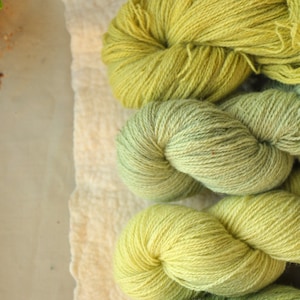 May include: Four skeins of yarn in shades of green and yellow. The yarn is arranged in a row on a white surface.