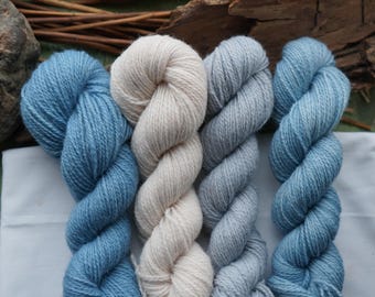 Woad Dyed Wool Yarn Set "Quiet Tide" In Blue Colors / 200 grams / Fingering weight