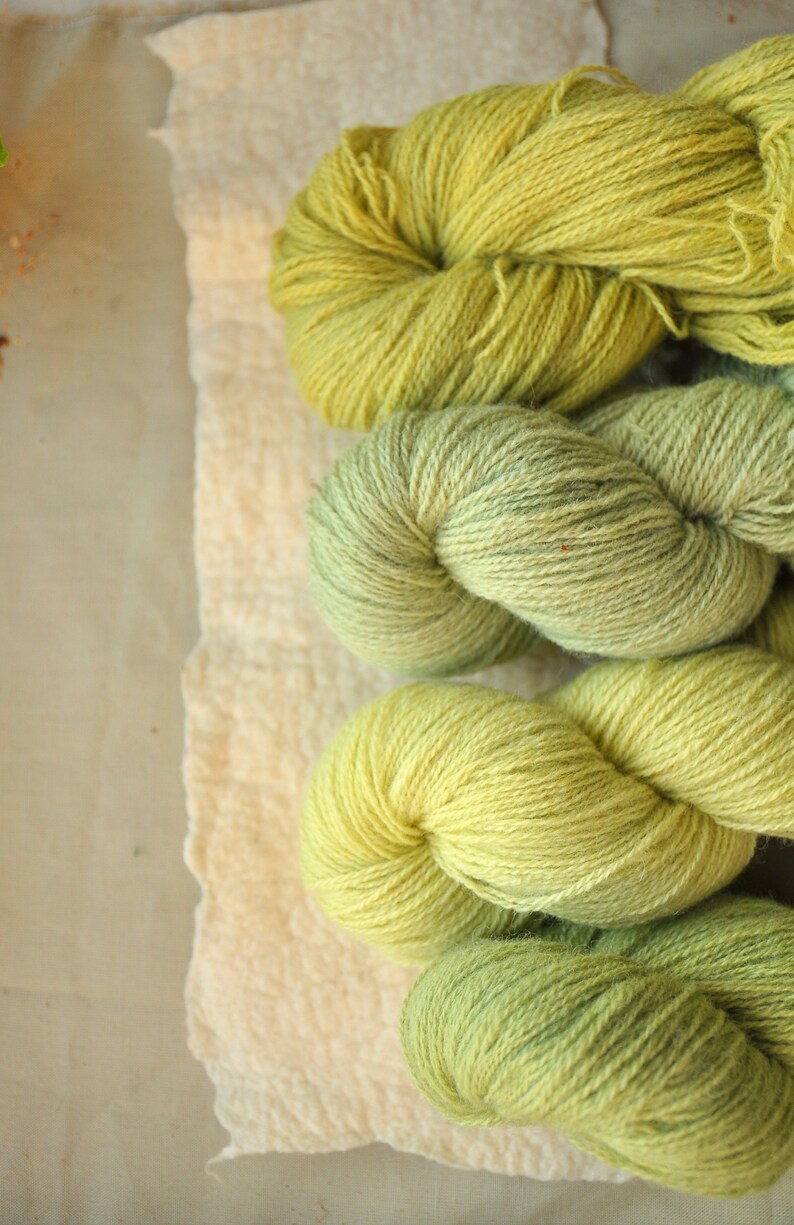 May include: Four skeins of yarn in shades of green and yellow. The yarn is arranged in a row on a white surface.