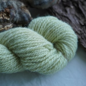May include: Close-up of a skein of pale green yarn. The yarn is thick and twisted, with a soft, textured appearance. The background includes a piece of dark, textured wood and a blurred, organic shape.