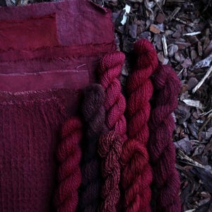 May include: A collection of hand-dyed yarn in shades of burgundy and dark red, displayed with fabric swatches in matching colors.
