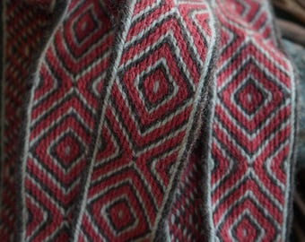 Naturally Dyed Tablet Woven Band with Diamond Pattern / Red, Brown and Beige Colors / 205 and 132 cm