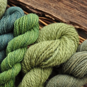 May include: Close-up of five skeins of yarn in various shades of green. The yarn is soft and fluffy, and the colours are rich and vibrant.