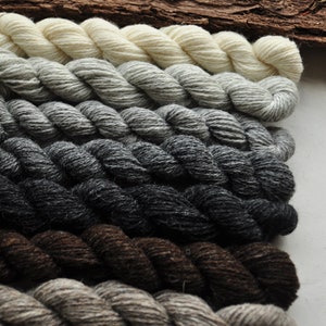 Può includere: Una collezione di sei gomitoli di filato in varie tonalità di grigio, marrone e bianco. Il filato è disposto in una pila, con la tonalità più chiara in cima e la tonalità più scura in fondo.