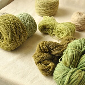 May include: Assortment of yarn skeins in various shades of green and beige. The yarn is arranged on a white surface.