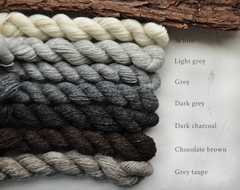 Pack of 7 Undyed Natural Wool Yarn Mini Skeins / Fingering Weight / White, Grey, Black, Brown