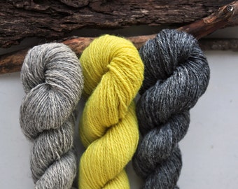 Lot de fils à chaussettes en laine naturelle jaune citron, gris clair et gris foncé, 150 grammes