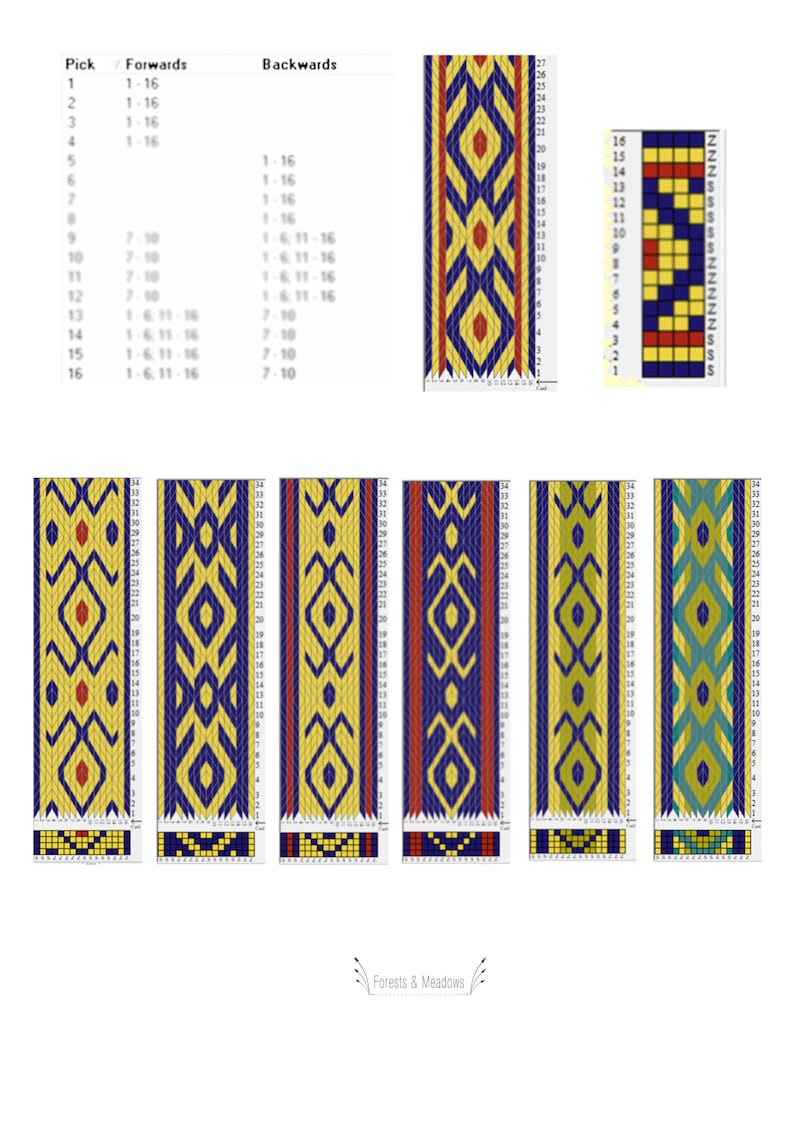 May include: A weaving pattern chart with instructions for creating a geometric design. The chart shows the pattern in both forward and backward directions. The design features a repeating pattern of diamonds and stripes in blue, yellow, red, and green.