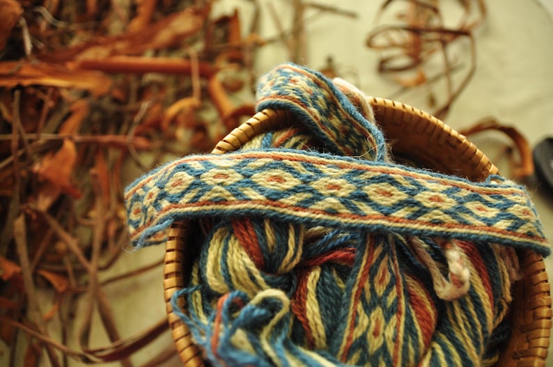 May include: A woven tapestry with blue, white and red stripes in a basket. The tapestry is made of yarn and has a geometric pattern.