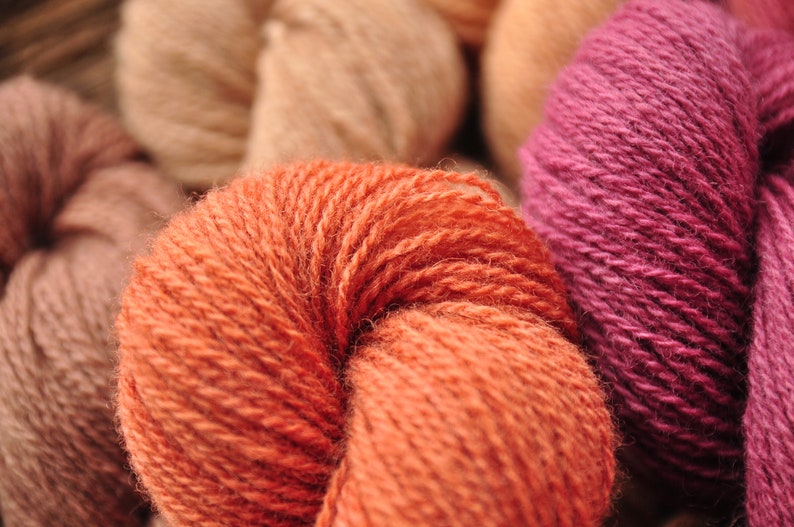 May include: Close-up of a collection of yarn skeins in various shades of orange, pink, and brown. The yarn is soft and fluffy, perfect for knitting or crocheting.