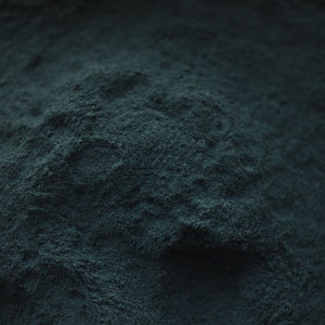 May include: Close-up of a dark blue powder, possibly spirulina or blue algae, with a textured surface.