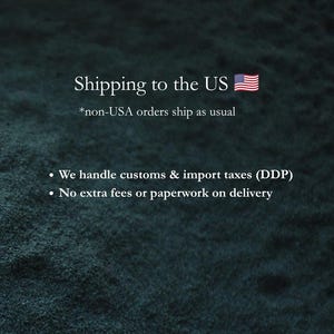 May include: A dark textured background with white text stating: Shipping to the US with a US flag icon, *non-USA orders ship as usual, We handle customs & import taxes (DDP), and No extra fees or paperwork on delivery.