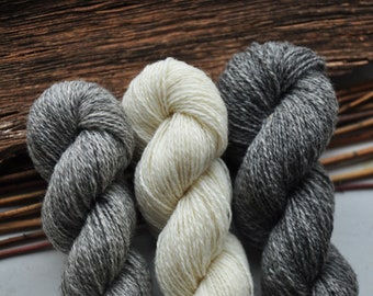 Undyed Wool Yarn Pack In Grey And White Colors, Fingering Weight