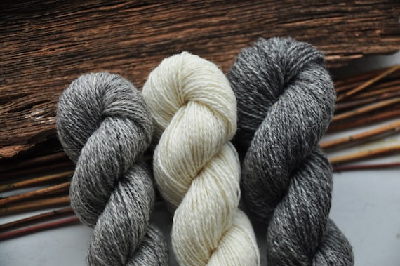 Undyed Wool Yarn Pack in Grey and White Colors, Fingering Weight