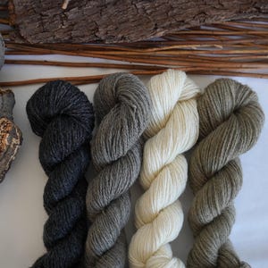 Naturally Dyed Wool Yarn Set &quot;Granite Peaks&quot; In White, Black, and Earthy Greenish Grey colors / 200 grams / Fingering weight