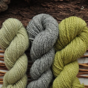 Natural And Hand Dyed Aran Weight Wool Yarn Pack / Grey, Sage, Apple green