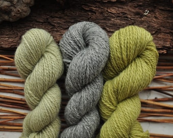 Natural And Hand Dyed Aran Weight Wool Yarn Pack / Grey, Sage, Apple green