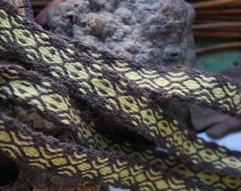 Tablet woven band dyed with plants / Diamond pattern / Yellow and Dark Brown Colors / 171 cm / 67.3"
