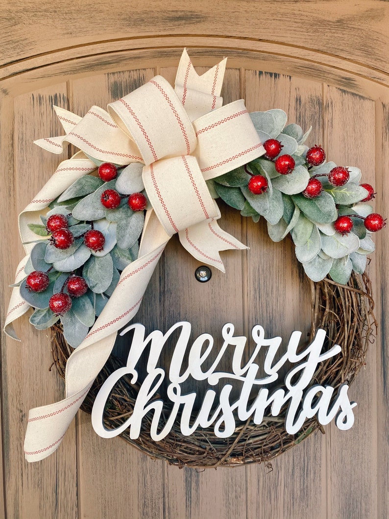 Christmas Wreath Lambs Ear Wreath Christmas Decor Front Etsy