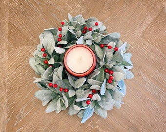 Lambs Ear Wreath, Candle Ring, Candle Wreath, Christmas Wreath, Christmas Decor, Farmhouse Christmas Wreath