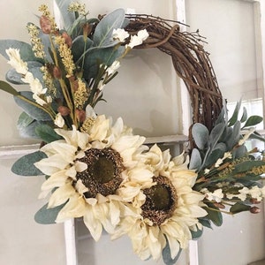 Fall Sunflower Wreath, Lambs Ear, Farmhouse Decor