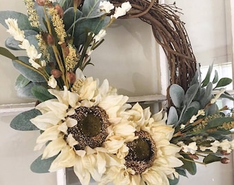 Fall Sunflower Wreath, Lambs Ear, Farmhouse Decor