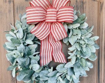 Lambs Ear Wreath, Red Ticking Stripe Bow, Farmhouse Christmas