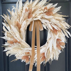 SHIPS ASAP Fall Wreath, Corn Husk Wreath, Pampas Grass Wreath, Boho Fall Wreath, Neutral Fall Wreath, Thanksgiving Wreath, Velvet Ribbon