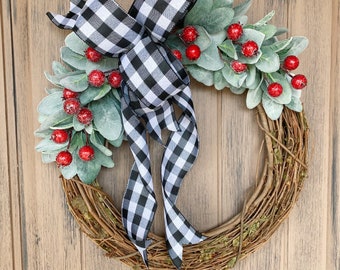 Christmas Wreath, Lambs Ear Wreath, Red Berry Wreath, Christmas Decor, Front Door Wreath, Christmas Door Hanger