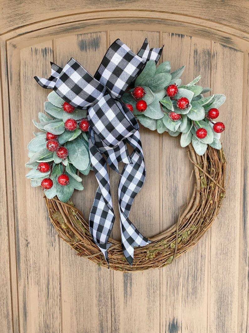 Christmas Wreath Lambs Ear Wreath Red Berry Wreath | Etsy