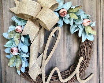 Peony Lambs Ear Wreath, Burlap Bow, Spring Summer Decor