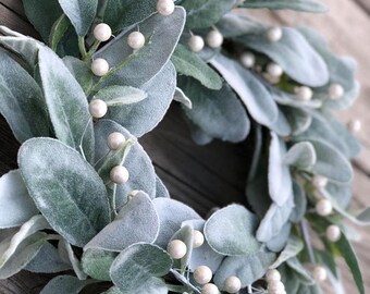 Lambs Ear Christmas Wreath, White Berry Farmhouse Decor