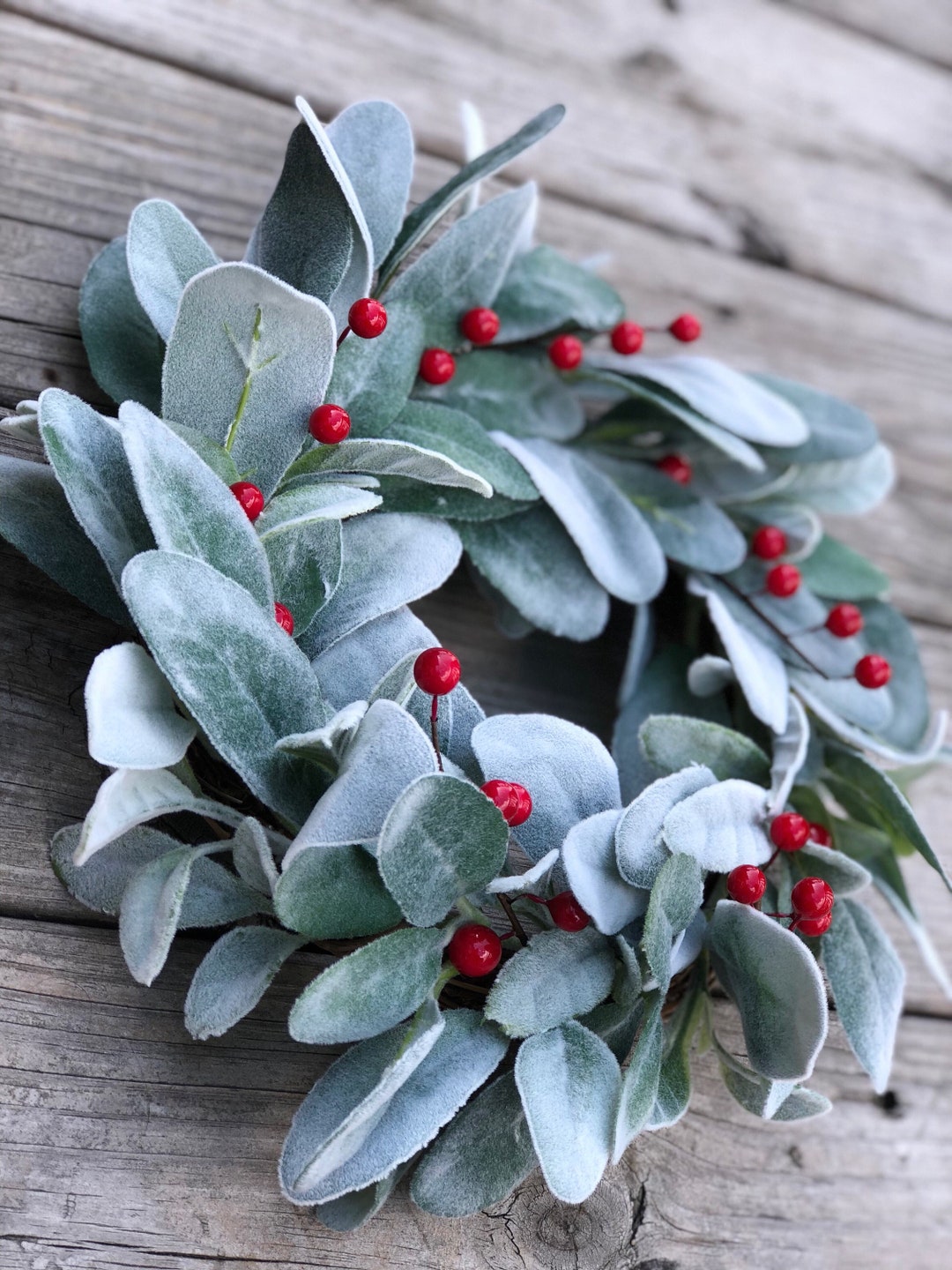 Lambs Ear Wreath, Farmhouse Wreath, Farmhouse Christmas Wreath, Red ...