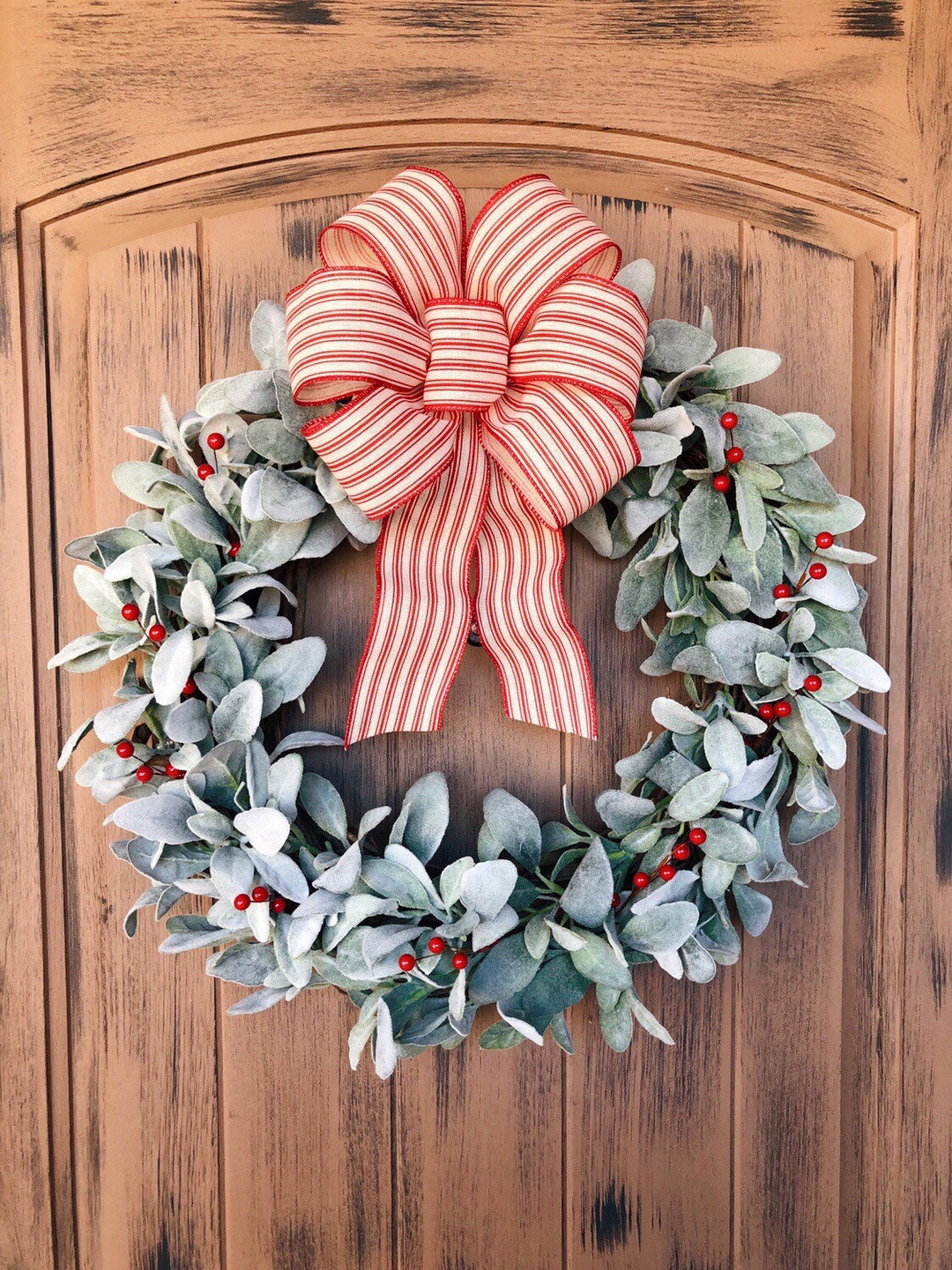 Christmas Wreath, Lambs Ear Wreath, Farmhouse Christmas Wreath, Red ...