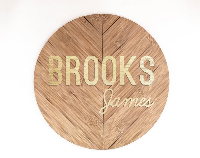 12 or 16 inch Bamboo circle name sign Family Name sign, Wedding gift Chevron wood name sign Modern Nursery decor Baby name sign