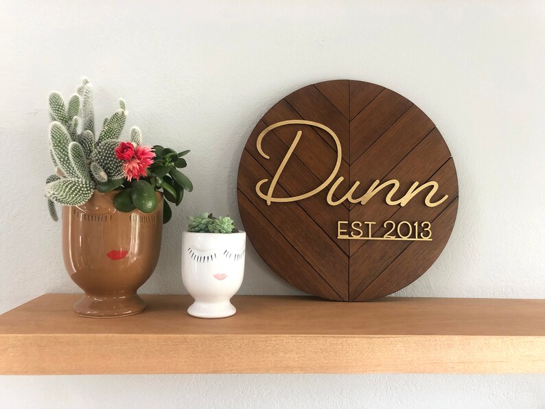 12 or 16 inch Bamboo circle name sign Family Name sign, Wedding gift Chevron wood name sign Modern Nursery decor Baby name sign