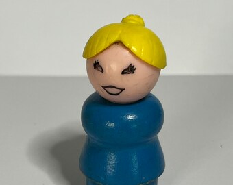 Vintage Fisher Price Little People Blue Woman Wood Body