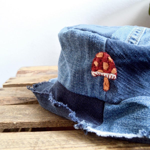 Vintage Denim Frayed Brim Bucket Hat with Hand Embroidery - Recycled Repurposed Fabric