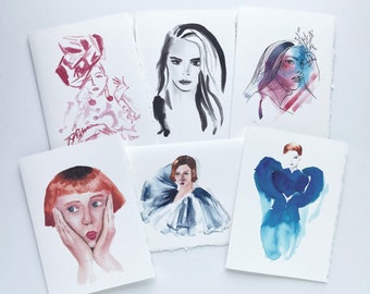 Watercolor Fashion Card Set of Fun Portrait Illustrations, Blank 5x7" Folded Cards for Any Occasion