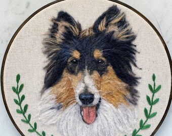 Custom Pet Portrait: Needle Felted Wool Art, Embroidered Name (6 or 8 inch)