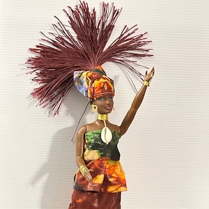 Beautiful African American Fashionistas Curvy Barbie Doll- Authentic African Fabric (Re-clothed) Micro Crimson Braids