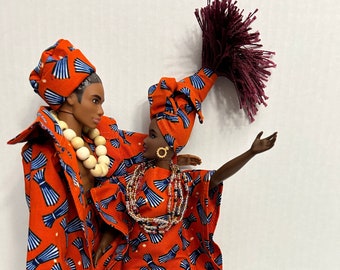African American Authentic Fashionistas Barbie /Ken Doll (Re-clothed)  Authentic African Print  Fabric