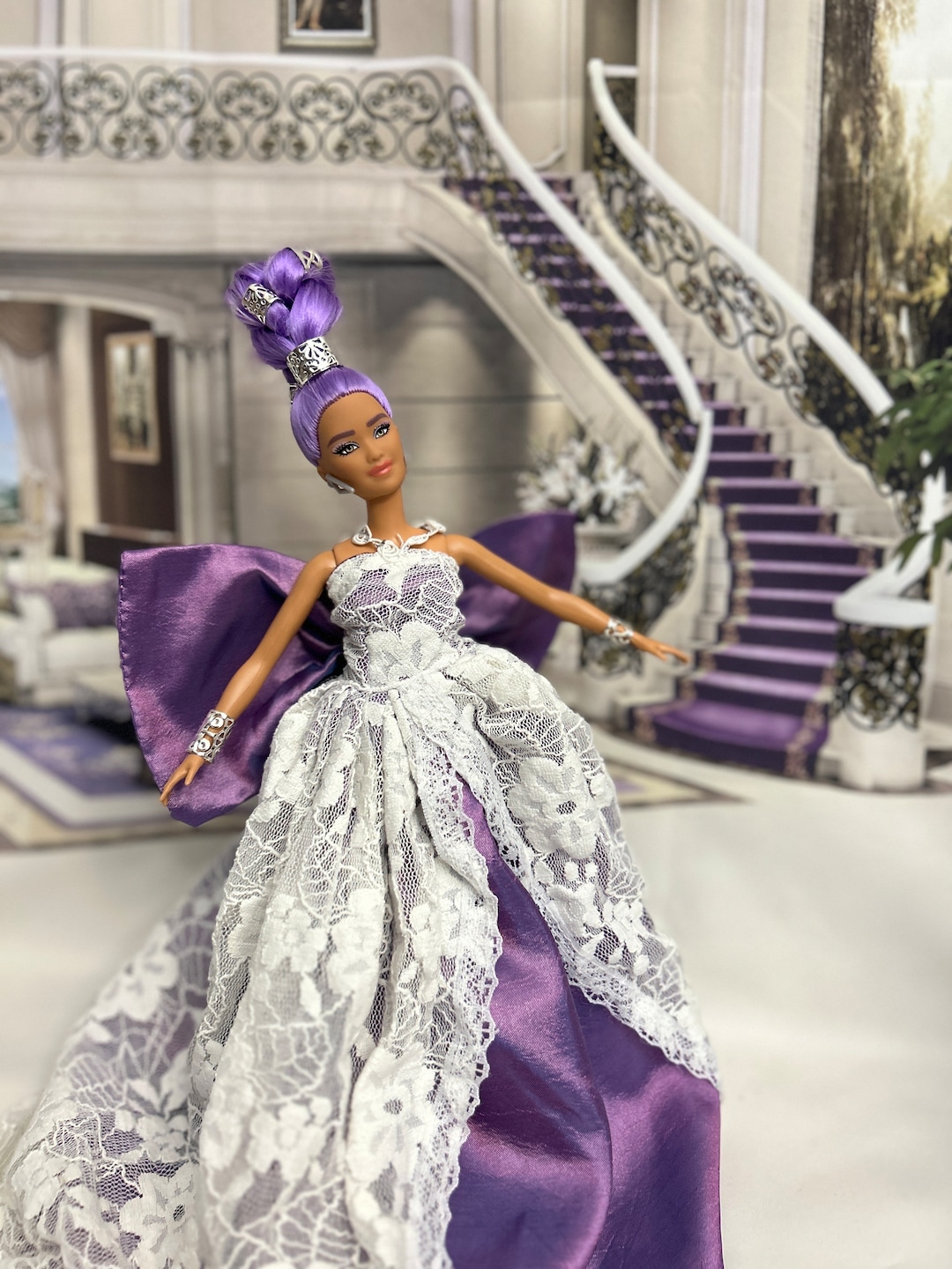 barbie fashionista barbie doll purple dress Mattel Barbie Glitz Doll Blonde Hair Purple Polka Dot Metallic Mini Dr –  BackRoadPicking main image 0