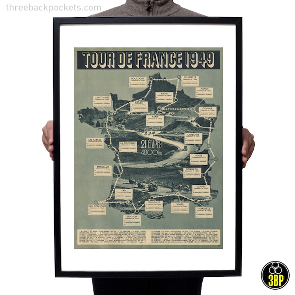 Large Tour de France 1949 grand tour route map photographic print