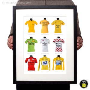 Legends: Tour de France Classification winners, their original vintage cycling jerseys, art poster print