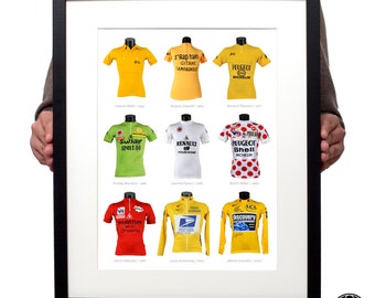 Legends: Tour de France Classification winners, their original vintage cycling jerseys, art poster print