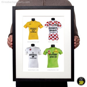 Legends: The Tour de France Classifications, the winners original race worn vintage cycling jerseys, art poster print